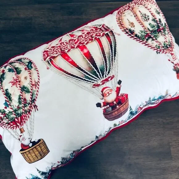 Santa Claus Christmas Holiday Hot Air Balloon Beaded Throw Pillow