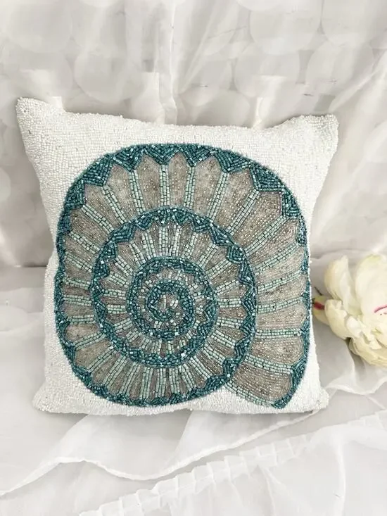 White GLASS  Beaded Accent Pillow Blue Shell Coastal Beach Teal Blue Square 12”
