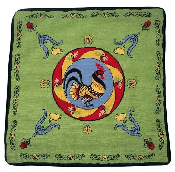 Vtg Rooster Needlepoint Pillow Cover 20 x 20 Green Bright French Country Velvet