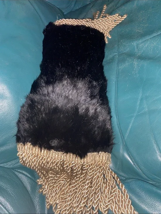Luxurious Black Fur Throw Pillow with Gold Fringe