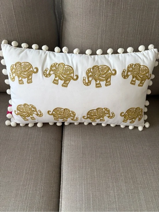 Lilly Pulitzer White Pillow Pom-Pom with elephants and gold design on reverse