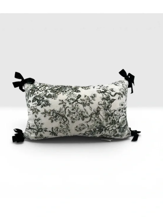 Elegant Velvet Green Bow Ties Floral Toile Lumbar Pillow 14x24” Laura Ashley