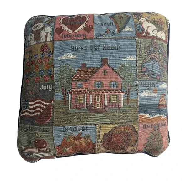 Bless Our Home Tapestry Throw Pillow Months of the Year Calendar‎ Navy 12x12