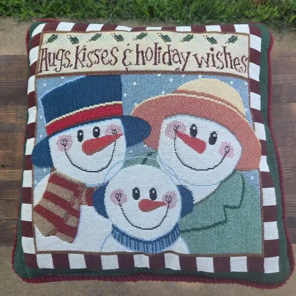 Vintage 18x18 Snowman Tapestry Pillow Hugs Kisses Holiday Wishes Double Sided