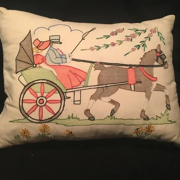 VTG Vogart ? Horse and Cart Courting Couple Embroidered Tint Pillow c.1930s Read