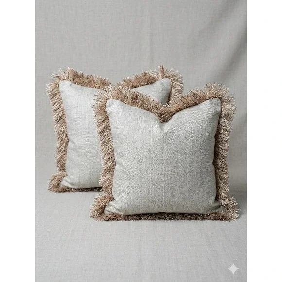 Pier 1‎ Imports Fringed Pillow Covers Set 2 Textured Oatmeal Neutral 19x19 Boho