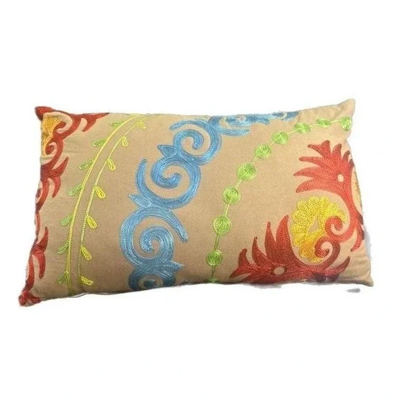 Vintage Pier 1 Imports Embroidered Boho Suzani Lumbar Throw Pillow 19x11