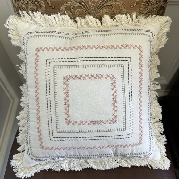 Modern Dreams Throw Pillow‎ 16x16 Inch Cross Stitch Embroidered Geometric White