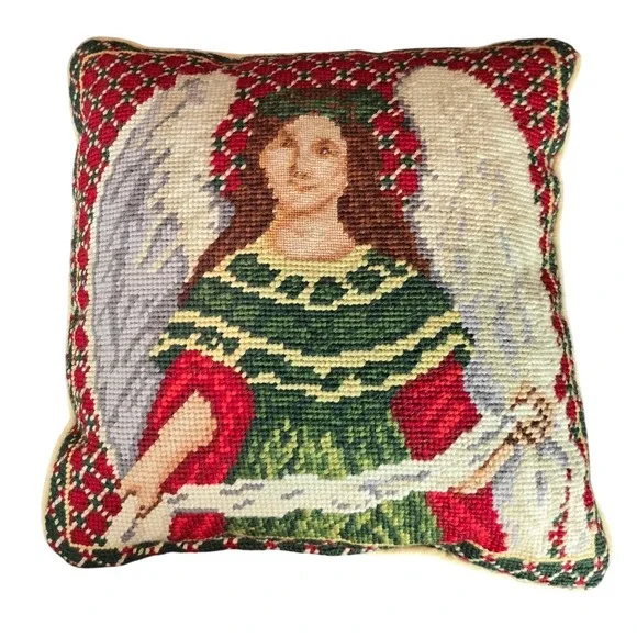 Vintage Needlepoint Angel Accent Pillow Velvet Back Christmas Holiday Decor