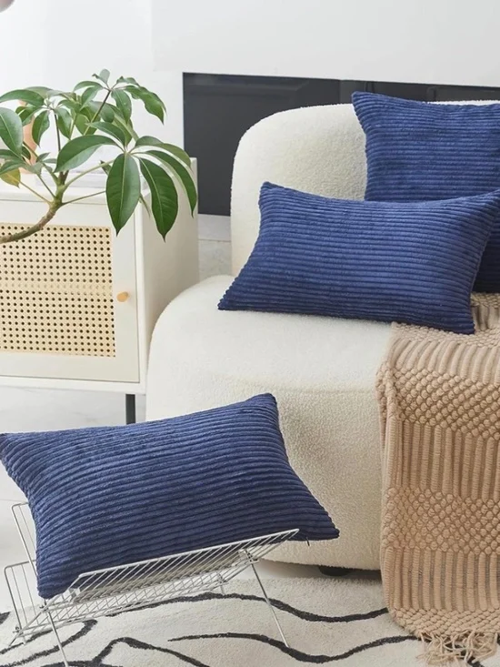 Set of 2 Navy Blue Corduroy Lumbar Throw Pillow Covers – 12x20 Soft Striped
