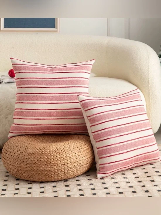 Boho Textured Red Stripe Pillow Covers 18x18” Set Of 4