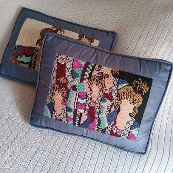 TS Design Hand Painted Needle Point Throw Pillows VTG 80's Faceless Women Set 2
