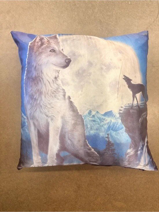 Moonlit Wolf Scenic Throw Pillow in Blue and White