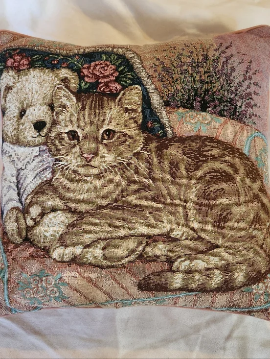 Vintage Cat Tapestry Pillow Cottagecore Floral Needlepoint Style Throw