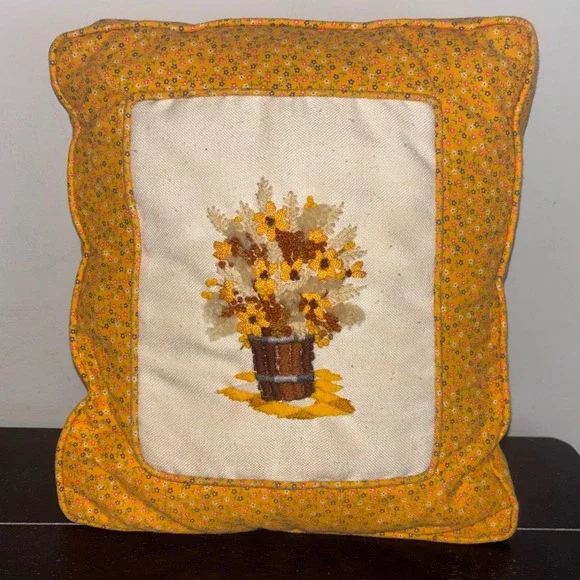 Vintage | Handmade | Crewel‎ Embroidery Floral Throw Pillow Yellow Calico 13x13