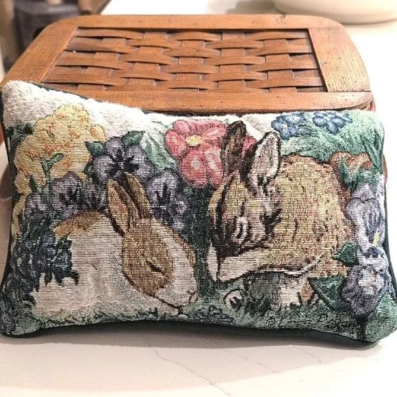 Vintage Floral Bunny Tapestry Accent Pillow Signed Linda Picken