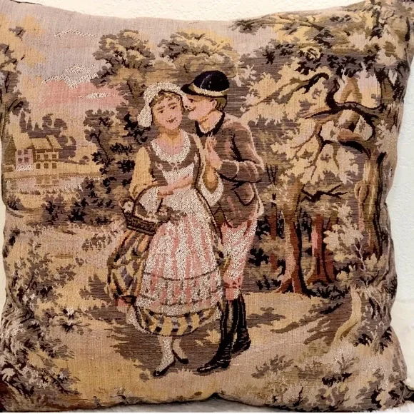 Vintage French Country Farmhouse Equestrian Tapestry Pillow-18”