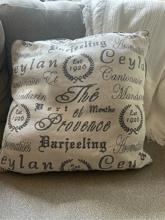 Neutral Script Print Decorative Throw Pillow - Beige and Black Tea Names Boho