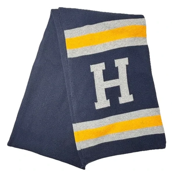 Tommy Hilfiger‎ Varsity H Knit Scarf Navy Yellow Gray Cotton Winter Scarf 72