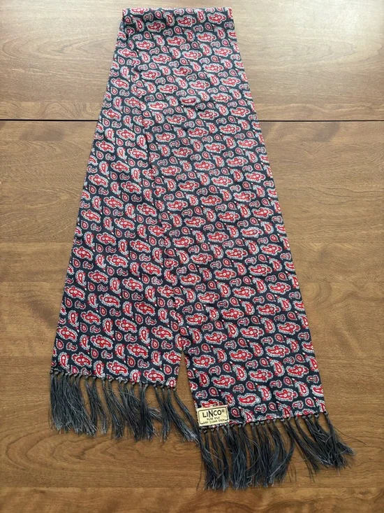 Vintage LINCO Red & Gray Paisley pure Silk Opera Scarf with Fringe