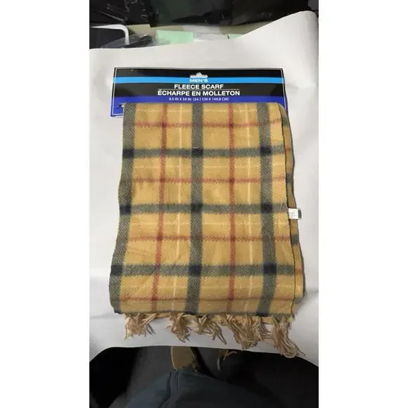 Men's Fleece Scarf Plaid Yellow Mustard Brown Navy Warm Winter Fringed‎ New