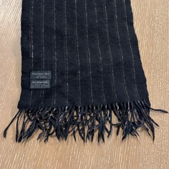 Christian Dior Monsieur 100% Merino Wool Scarf Black Pinstripe Fringe Japan