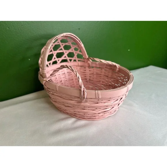 Vintage Pink Wicker Bassinet Basket Nursery Decor Baby Shower Gift Basket Hooded