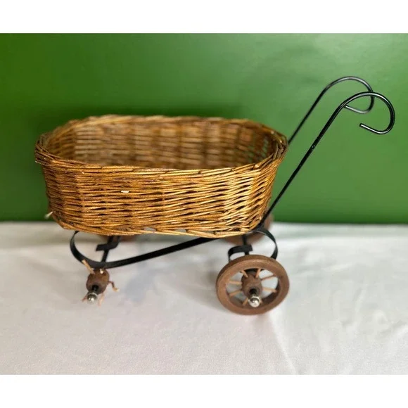 Vintage Wicker Doll Carriage Decorative Basket Metal Frame Wooden Wheels Rustic