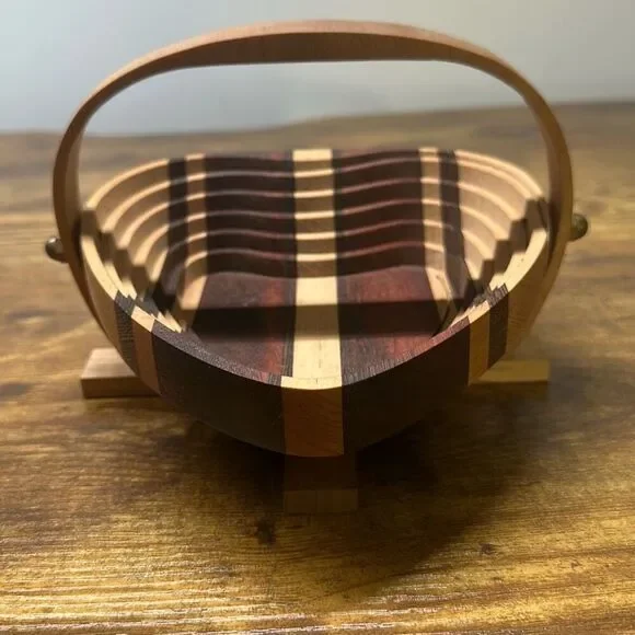 Handcrafted 5” Wooden Collapsible Heart Basket with‎ Handle Trinket Dish