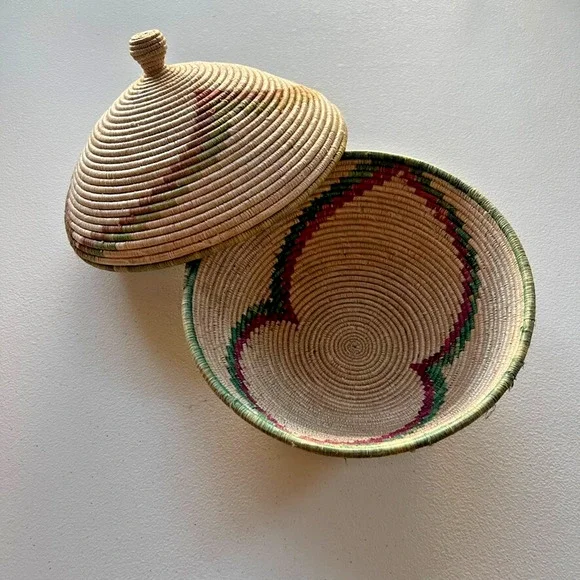 Handwoven Basket Bowl With Lid Green Red Tan Tribal Boho Trinket