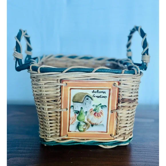Autumn Greetings Wicker Basket Harvest Ceramic Tile Farmhouse Fall Decor Square