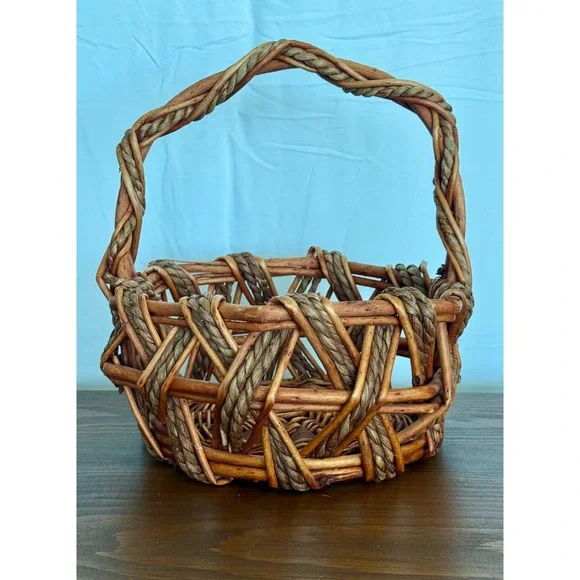 Rustic Hand Woven Grapevine and Rope Basket with Handle Farmhouse Decor Brown