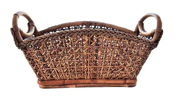Vintage Rattan Woven Wicker Basket Magazine Rack 1960s Cottage Cabin Handles