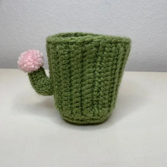 Handmade Crochet Cactus Pencil Holder Green Pink Flower Desk Organizer Basket‎