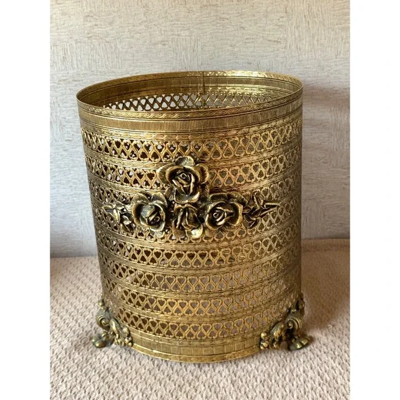Vintage Hollywood Regency Gold Filigree Rose Wastebasket Ornate‎ Trash Can cover