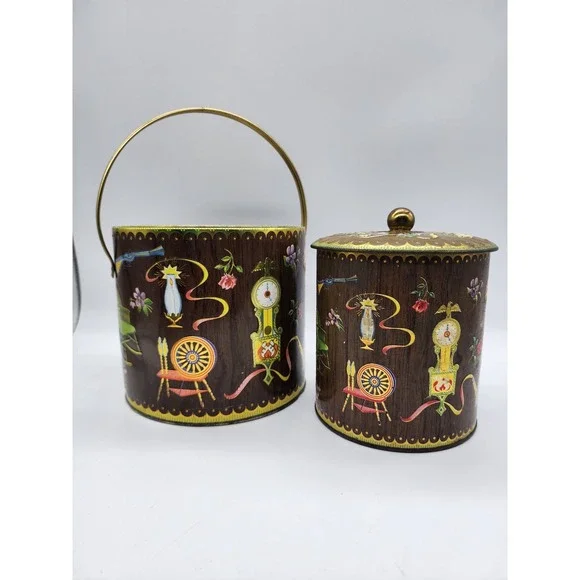 Vintage 70s Metal Tins Made in England Colonial Americana Wood Grain Buckets 2pc