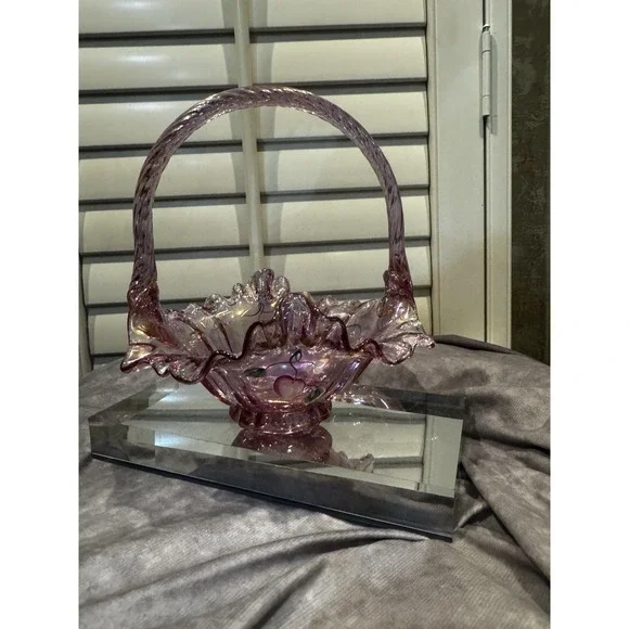 Signed Hand painted FENTON Purple  RIBBON-CANDY Edge Floral‎ Basket!
