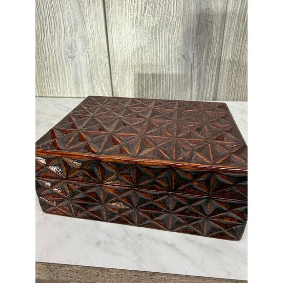 Vintage Hand Carved Wooden Trinket Box Geometric Starburst Design Dark Wood