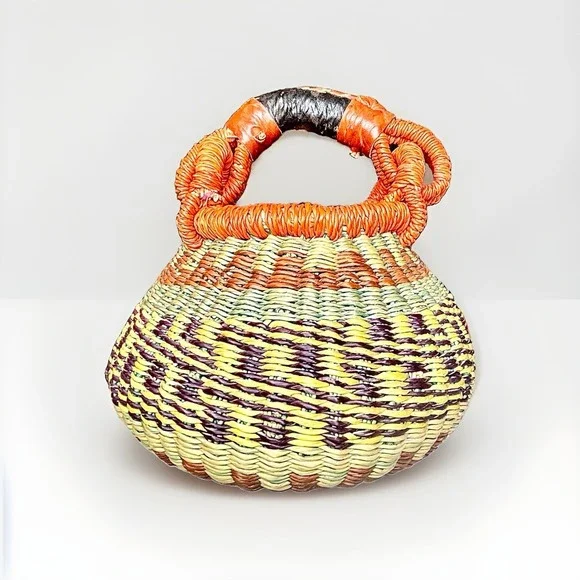 Vintage African Bolga Basket Handwoven Wicker Market Tote Bag Leather Handle Boh