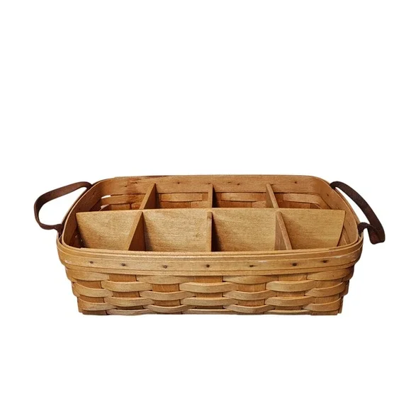 Longaberger 1995 Storage Solutions Woven Wood Basket 8 Leather Handles Signed