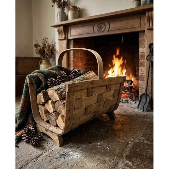 Vintage Woven Oak Splint Magazine Basket with Handle‎