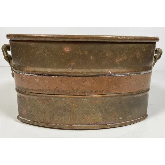Vintage Oval Copper and Brass Planter with Handles Rustic Patina Farmhouse Decor