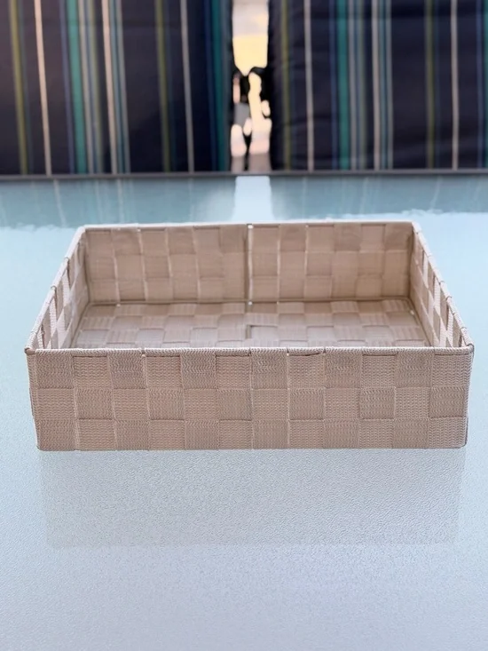 Champagne Beige Woven Strap Rectangle Storage Utility Decorative Basket 12x10x3