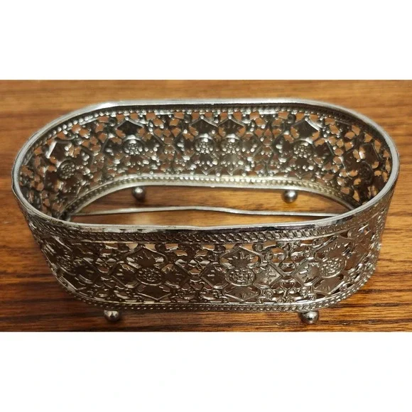Vintage Silver Tone Filigree Oval Basket Decorative Metal Vanity Caddy 6 Inch