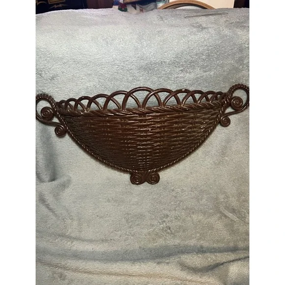 Vintage Brown Wicker Wall Pocket Shelf Faux Rattan Hanging Planter Boho Decor