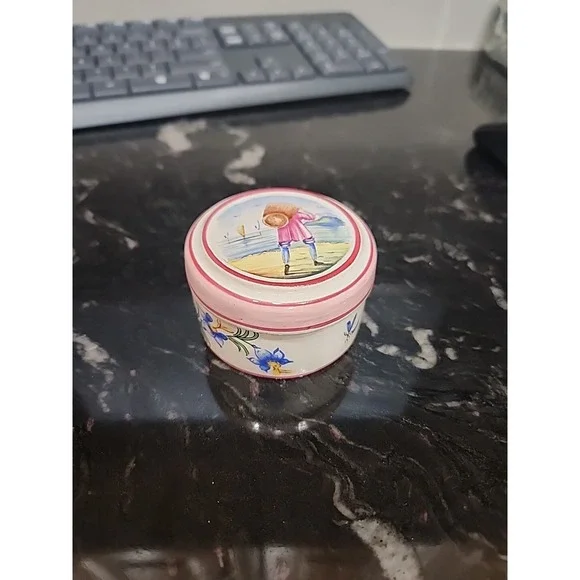 Vintage Small Hand Painted Trinket Box- Nantucket Basket & Flowers Signed France