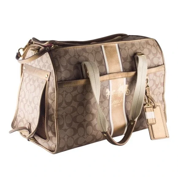 Flawed Gem! Coach Signature Heritage Stripe Pet Carrier Khaki Gold Metallic Bag