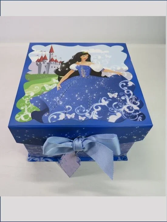 Premium Blue Princess Magnetic Flip-Top Gift Box w/ Bow & Tag Multicultural