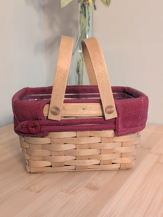 Longaberger Little Market Basket with Burgundy Fabric Trim and Natural Wood