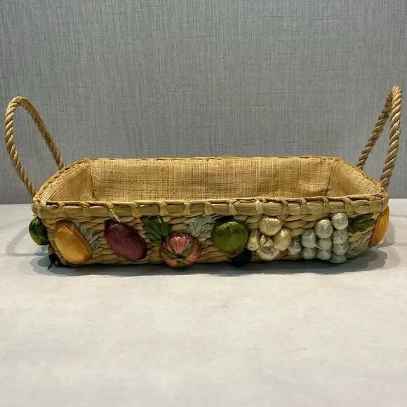 Vtg Woven Straw Lined Basket with 3D Fruit on Sides Phillipines Handmade Boho